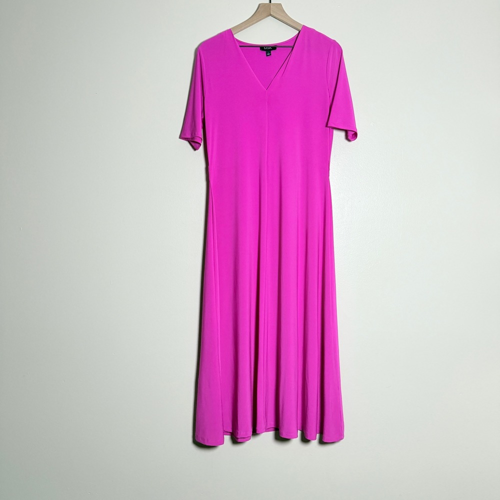 MSK Womens Midi A-Line Dress L‎ Magenta Pink V-Neck Bright Minimalist Stretch
